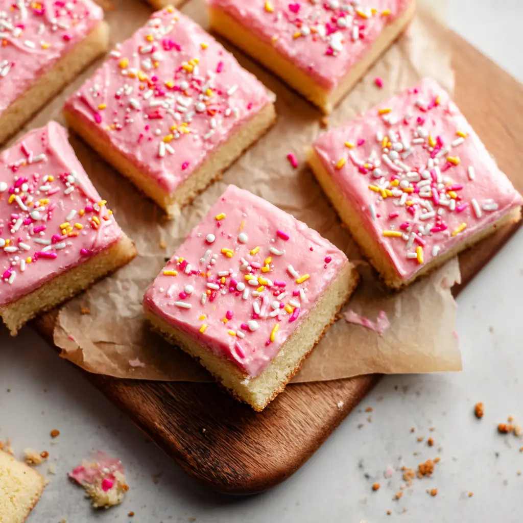 A close-up side view of a stack of three pink sugar cookie bars, showing the thick, chewy cookie base and the generous layer of pink frosting.