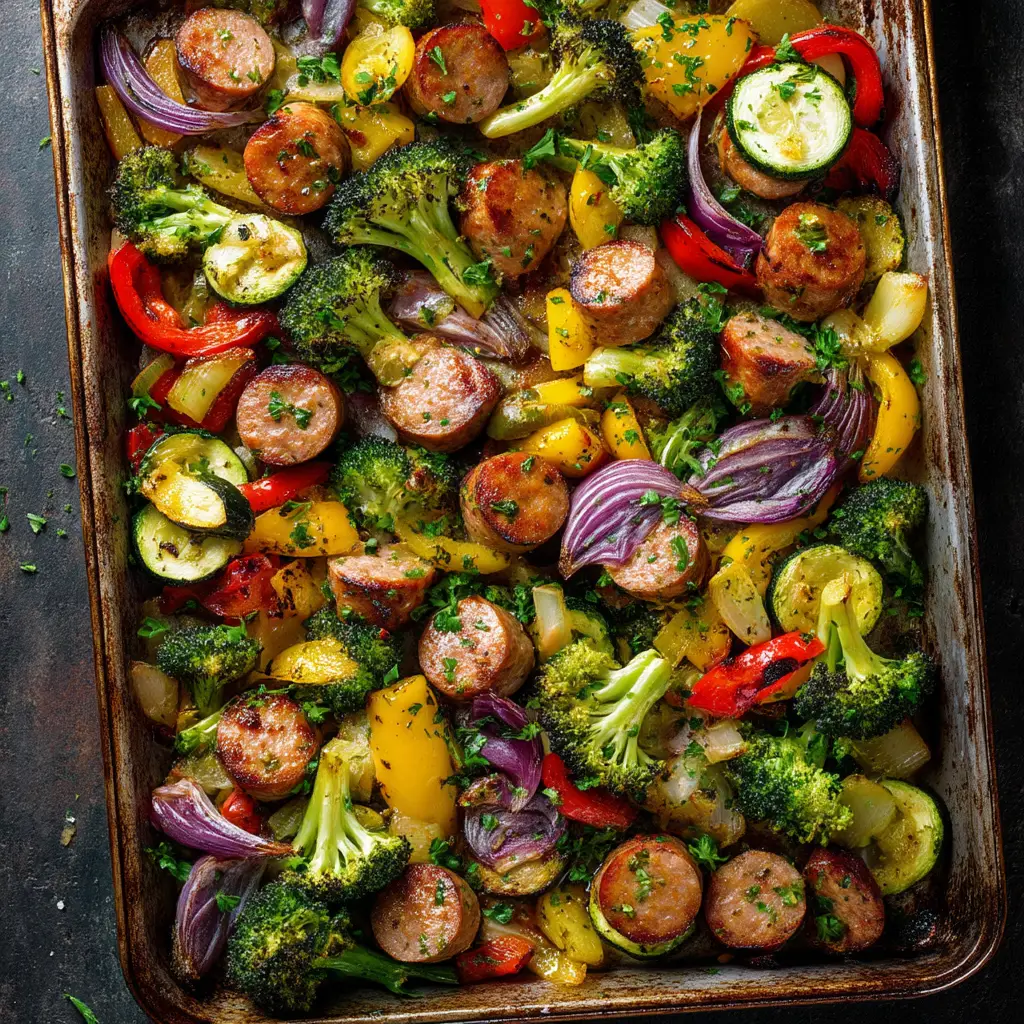 The raw ingredients for the chicken sausage sheet pan dinner arranged in a large bowl, tossed with olive oil and seasonings before roasting.