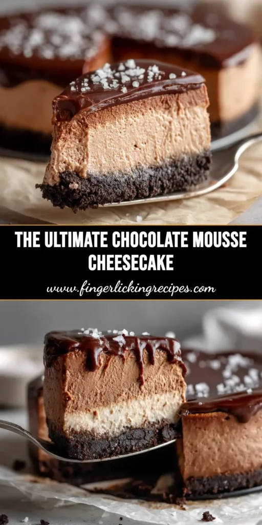 A stunning hero shot of the full chocolate mousse cheesecake on a cake stand, revealing its two distinct layers of rich cheesecake and airy mousse. A single slice has been cut out to show the texture.