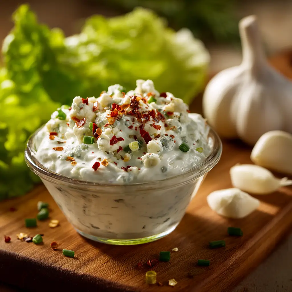 A close-up overhead shot of homemade blue cheese dressing in a bowl, showcasing the generous chunks of blue cheese throughout the creamy sauce.
