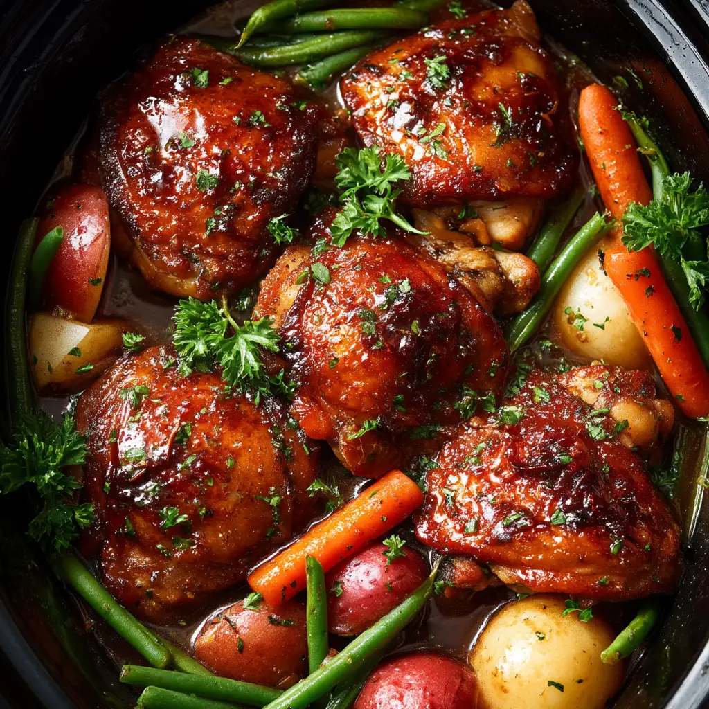 A close-up view of the cooked honey garlic chicken in the slow cooker, with the rich, dark sauce bubbling around it.