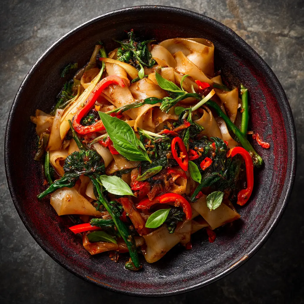 A close-up shot of Thai Drunken Noodles being tossed in a wok, with steam rising from the spicy noodle stir-fry.