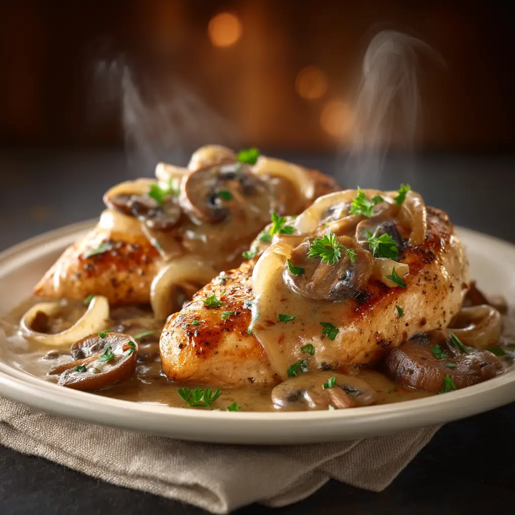 A close-up view of the copycat Texas Roadhouse smothered chicken, showing the texture of the grilled chicken and the savory mushroom and onion topping.