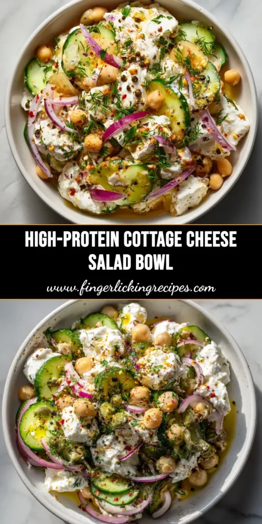 An overhead shot of a delicious Cottage Cheese Chickpea Salad in a white bowl, ready to be pinned. A simple, high-protein lunch idea.