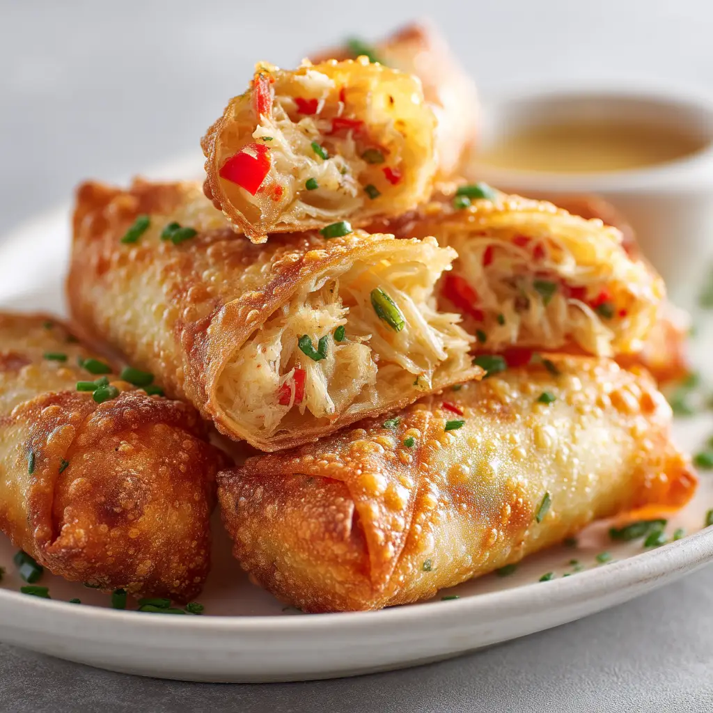 A crab cake egg roll cut in half, revealing the creamy and generous lump crab meat filling inside.