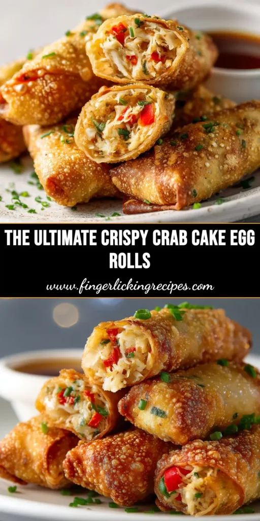 A shareable pin image for the Crab Cake Egg Rolls recipe, showing crispy egg rolls stacked with text overlay for Pinterest.