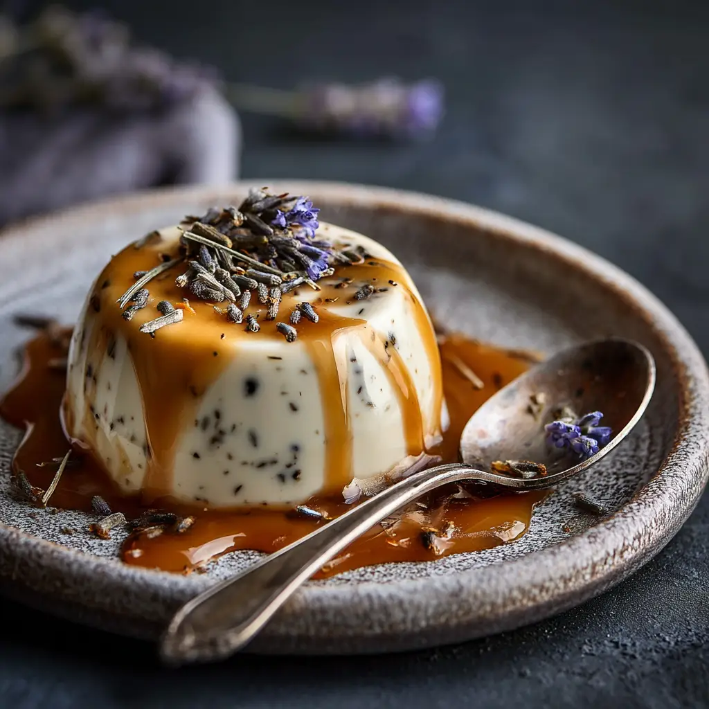 A beautifully set Earl Grey panna cotta on a rustic stone surface, highlighting its smooth and creamy texture.