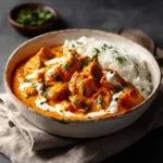 A beautiful bowl of creamy butter chicken, showcasing the rich tomato gravy and tender pieces of chicken. The dish is garnished with fresh cilantro.