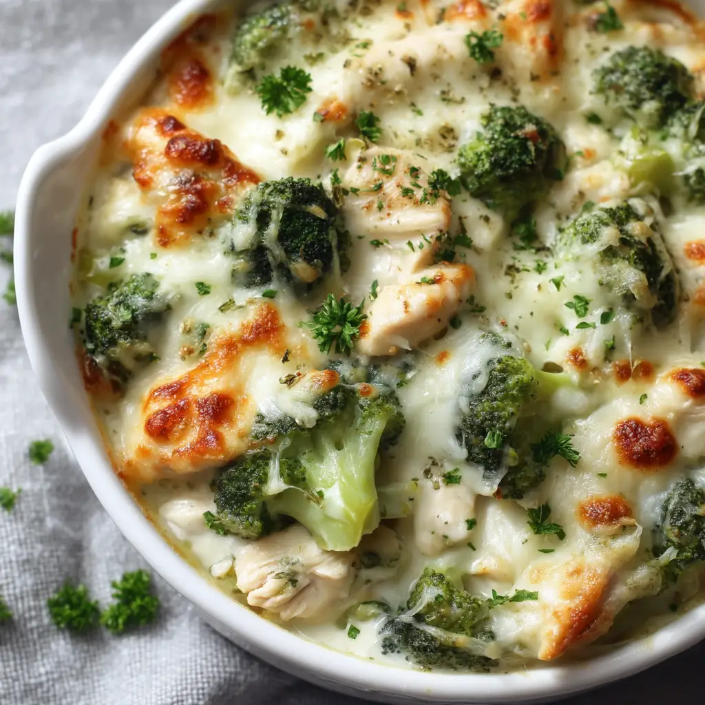 A close-up serving of the low-carb chicken casserole on a plate, showing the creamy alfredo sauce coating the chicken and broccoli.