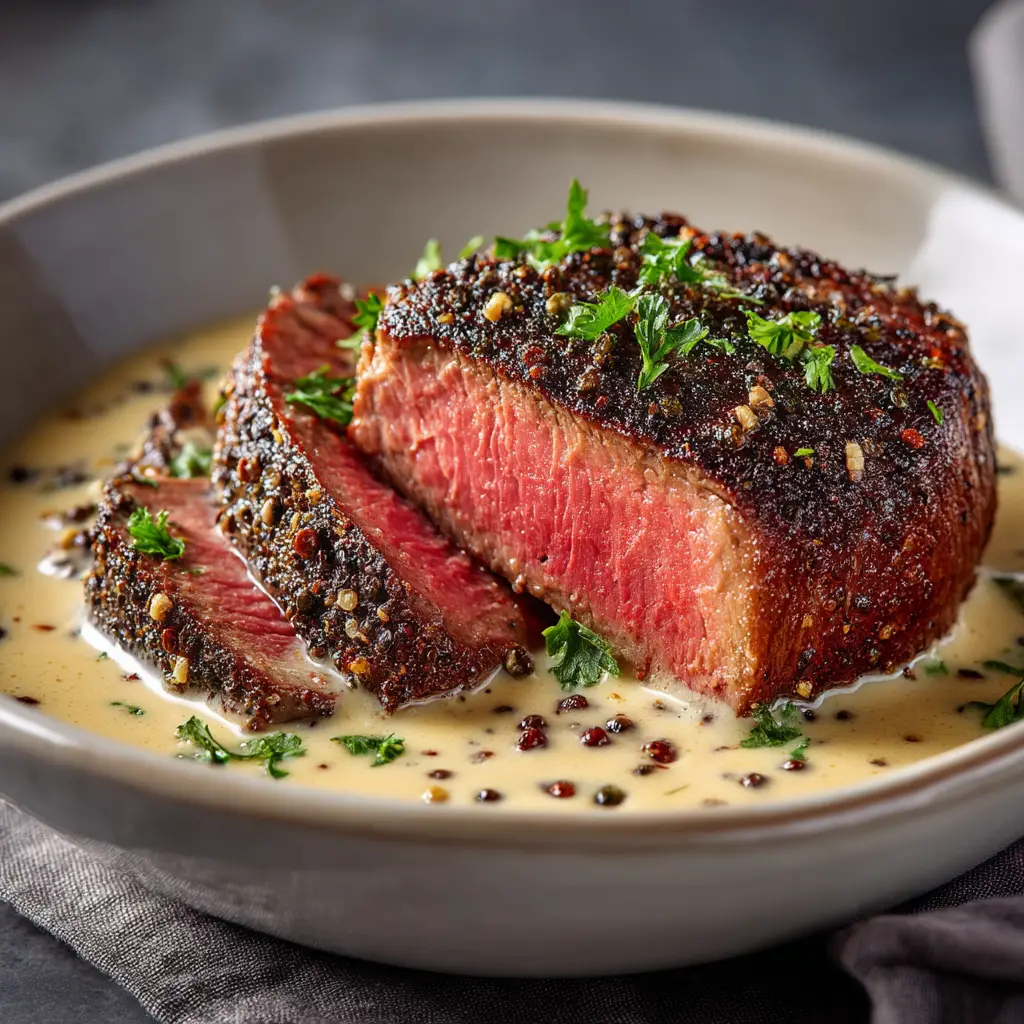 A creamy peppercorn sauce being drizzled over a perfectly cooked and sliced steak, ready to be served.