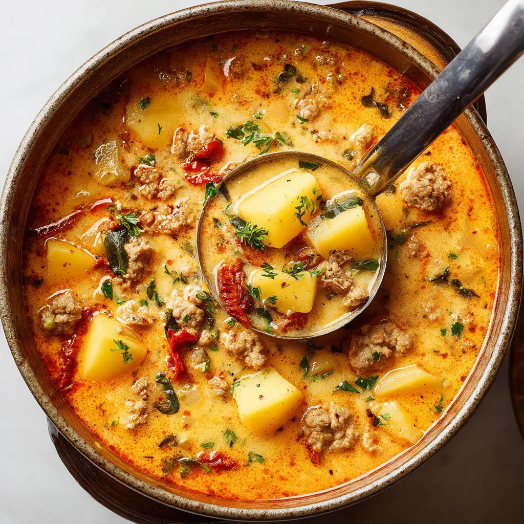 A close-up of a spoonful of creamy potato and sausage soup, showing the tender potatoes and spicy sausage.