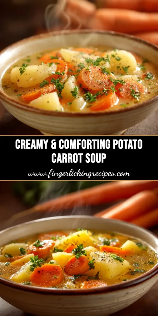 A bowl of creamy potato carrot soup garnished with fresh herbs. This easy and comforting soup is perfect for a simple weeknight dinner.
