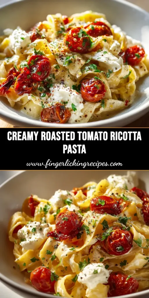 A stunning overhead shot of creamy roasted tomato pasta in a white bowl, garnished with fresh basil. The perfect pin to save for an easy and delicious dinner recipe idea.