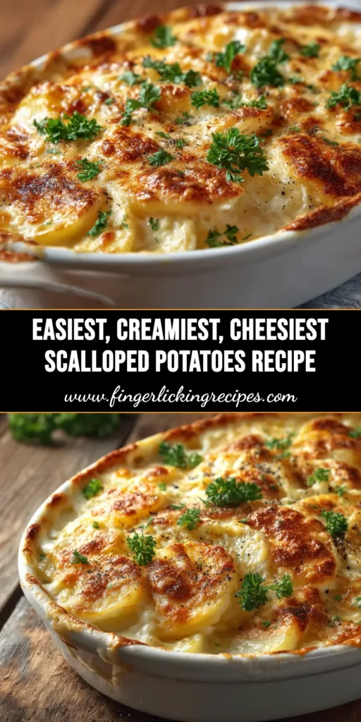 An overhead shot of a bubbly, golden-brown scalloped potatoes recipe fresh from the oven in a white baking dish. A serving spoon has scooped out a portion, revealing the creamy, cheesy layers inside.