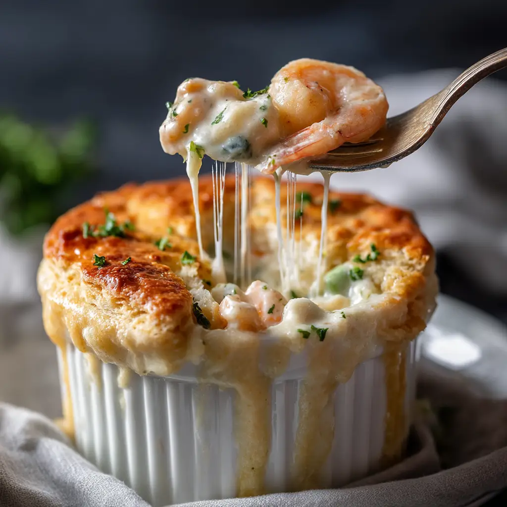 A close-up shot of the creamy seafood filling for the pot pie, with shrimp, crab, and vegetables simmering in a rich sauce in a skillet.