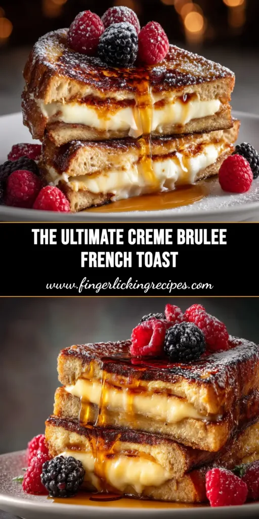 A stack of thick-cut Creme Brulee French Toast with a perfectly caramelized sugar crust, topped with fresh raspberries and powdered sugar.