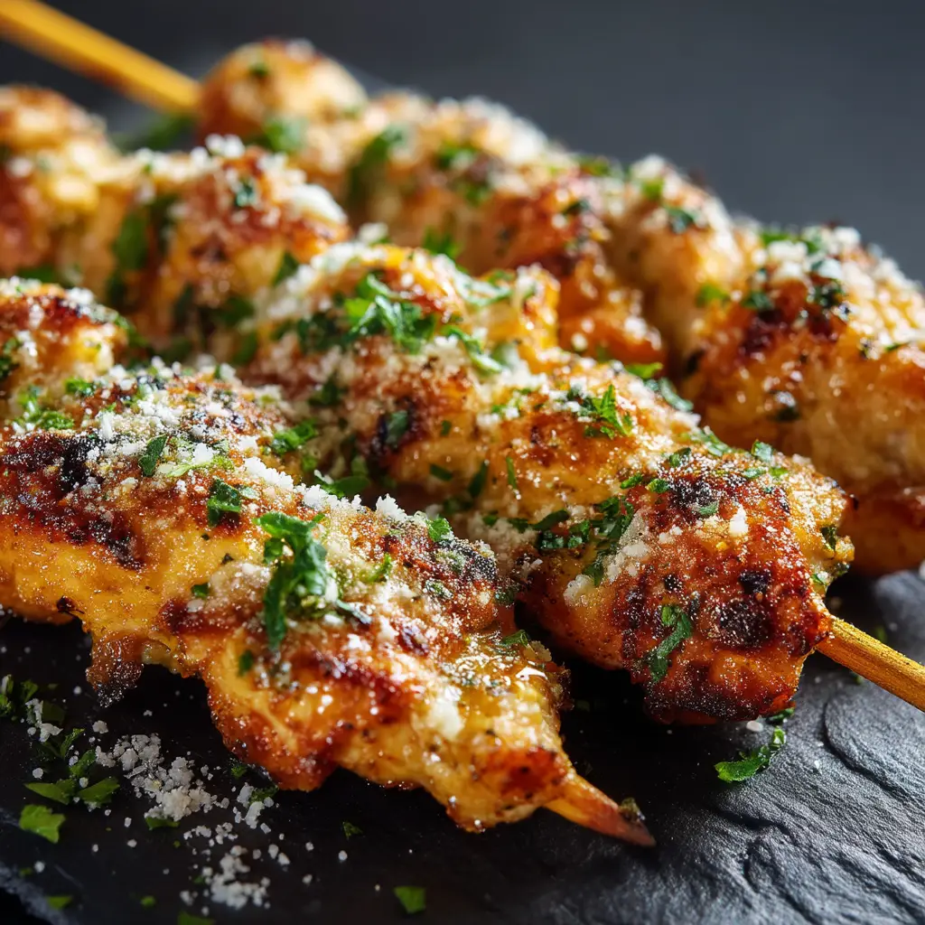 A close-up shot of several crispy, golden-brown garlic parmesan chicken skewers fresh out of the air fryer.