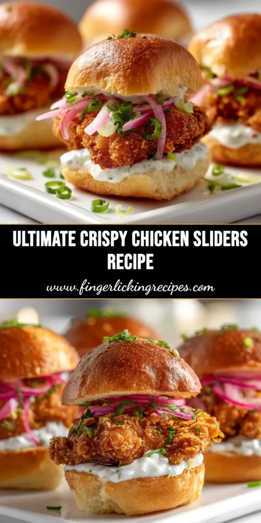 A platter of delicious Crispy Fried Chicken Sliders, featuring golden-brown fried chicken, pickles, and a creamy sauce on toasted brioche buns.