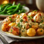 A close-up shot of crispy roasted chicken and potatoes on a sheet pan, garnished with fresh parsley.