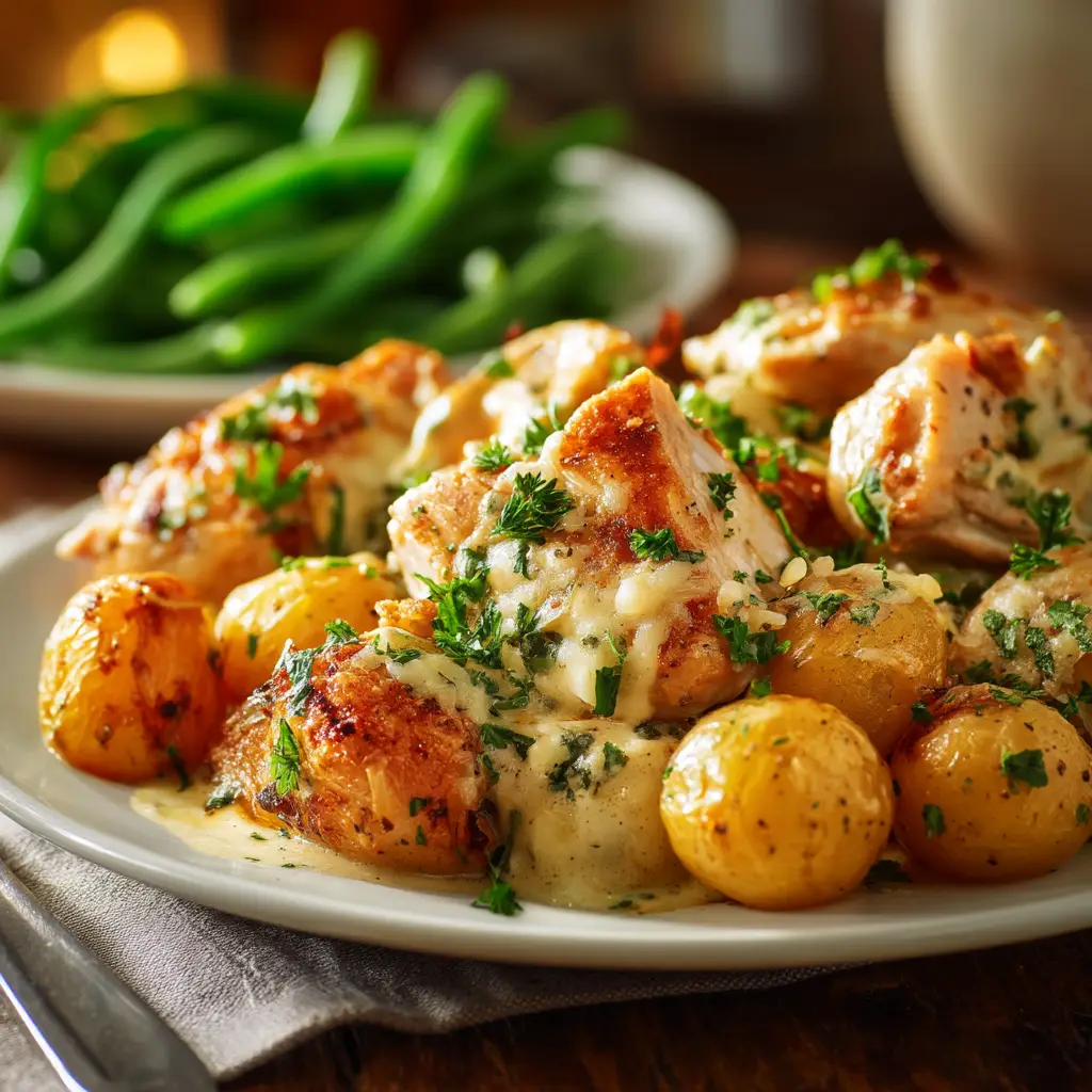A close-up shot of crispy roasted chicken and potatoes on a sheet pan, garnished with fresh parsley.