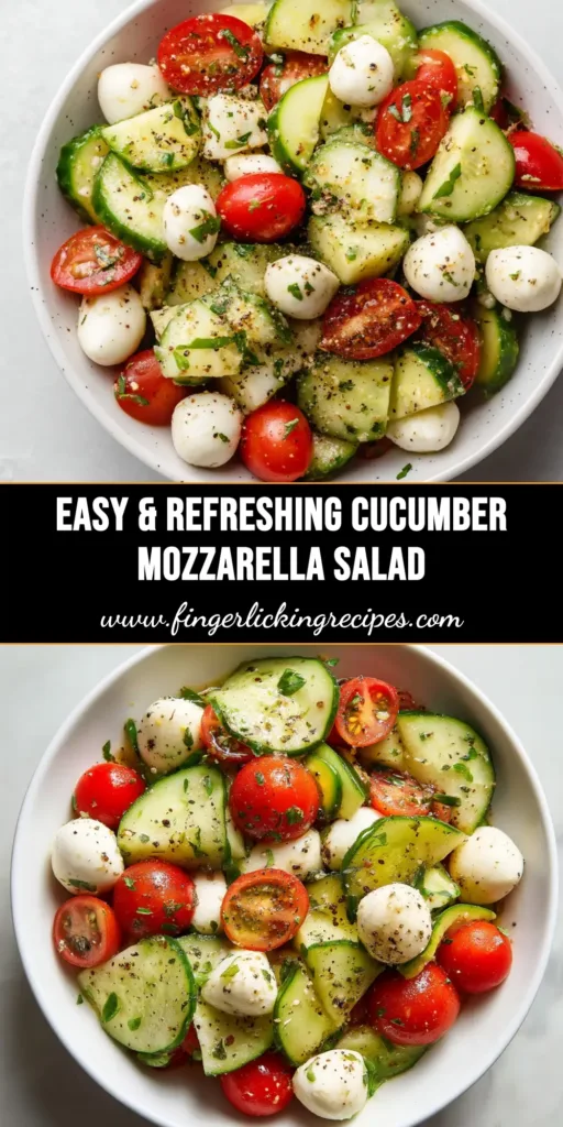 An overhead shot of a refreshing Cucumber Mozzarella Salad in a white bowl, garnished with fresh herbs. The perfect healthy and easy side dish recipe.