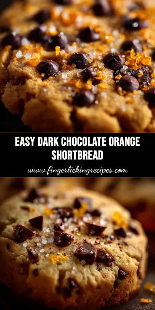 A stack of dark chocolate orange shortbread cookies on a plate, with one broken in half to show the crumbly texture. Orange slices and chocolate pieces are arranged nearby.