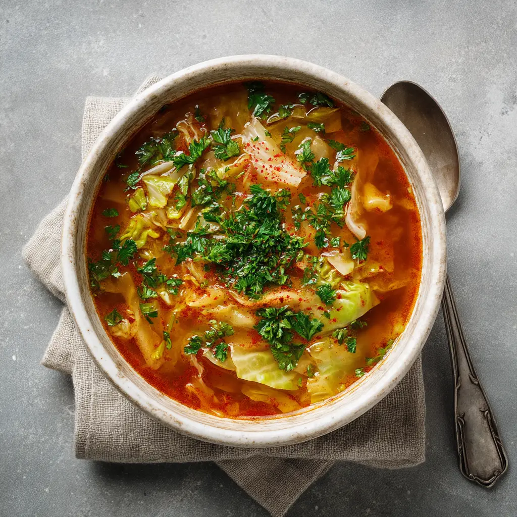 A spoonful of detox cabbage soup being lifted from a bowl, with steam rising. The soup is full of chopped cabbage and vegetables.