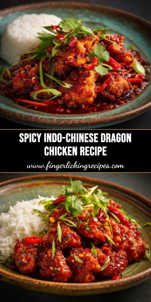 A delicious and easy Dragon Chicken Recipe, showcasing crispy chicken pieces coated in a vibrant red spicy sauce, served in a white bowl and ready to be pinned.