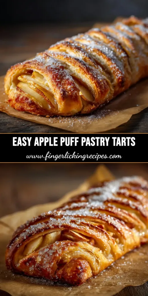A golden brown, flaky apple puff pastry drizzled with icing on a white plate. This easy recipe is perfect for a quick and impressive dessert.