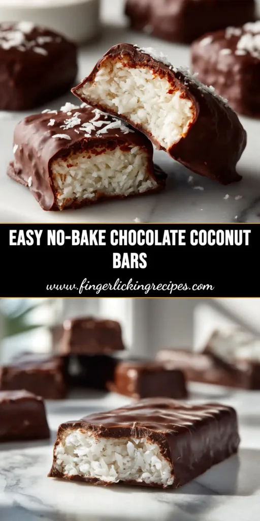 A stack of easy no-bake chocolate coconut bars on a plate, showing the chewy coconut filling and rich chocolate topping. A perfect homemade dessert recipe.