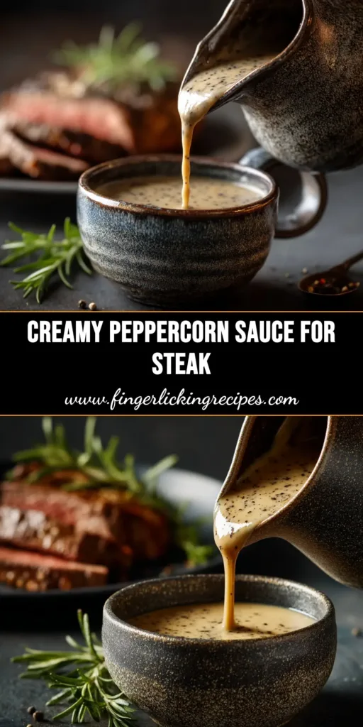 A close-up shot of a rich and creamy Peppercorn Sauce in a white serving boat, ready to be served over steak. The perfect sauce for an elegant dinner.