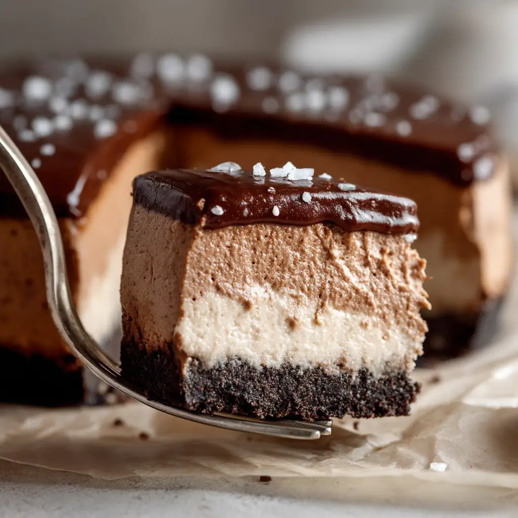 A fork cutting into a slice of the rich chocolate dessert, showing the creamy texture of the cheesecake and the light, airy consistency of the mousse layer.