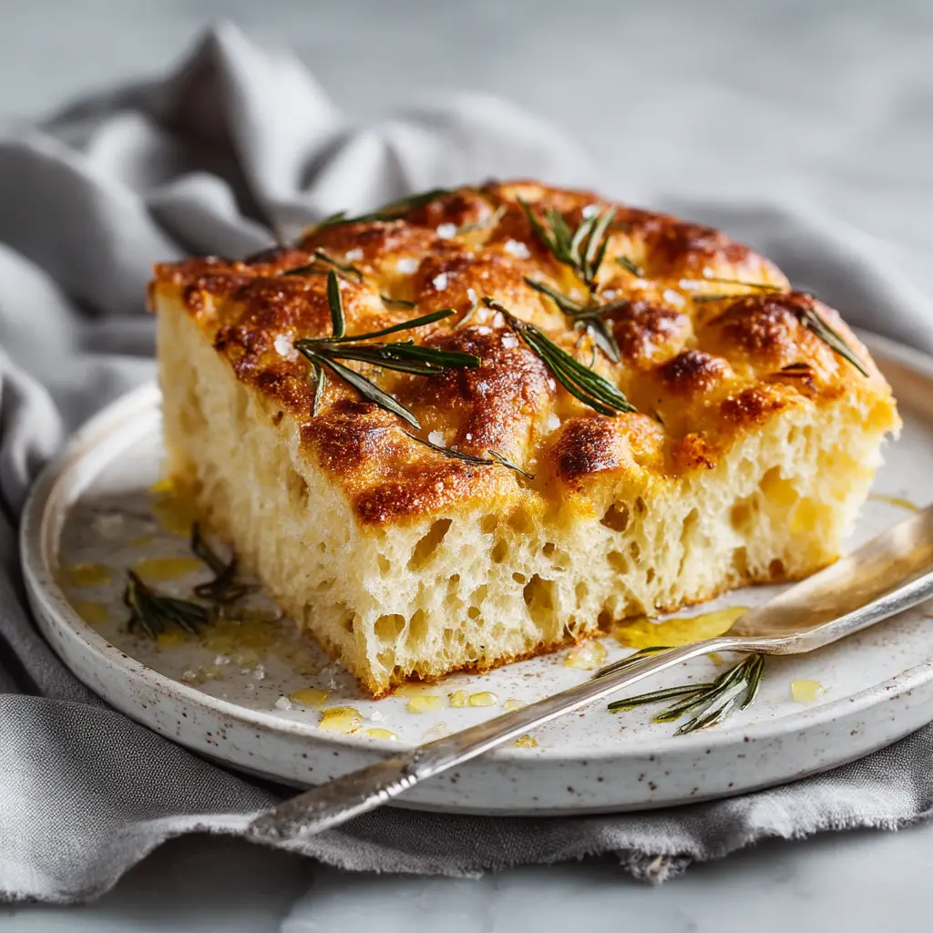 A hand holding a slice of sourdough discard focaccia, ready to eat. This image demonstrates the delicious, tangible result of the easy focaccia recipe, emphasizing its appeal as a satisfying snack or side.