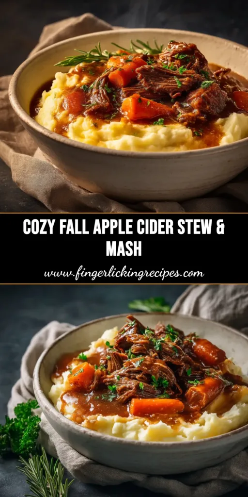 A large white bowl filled with hearty Fall Apple Cider Stew, garnished with fresh parsley. The stew contains chunks of tender beef, carrots, and potatoes in a rich, dark gravy.