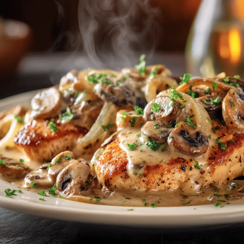 The final plated Texas Roadhouse smothered chicken, covered in a thick layer of melted Monterey Jack cheese and garnished with fresh parsley.