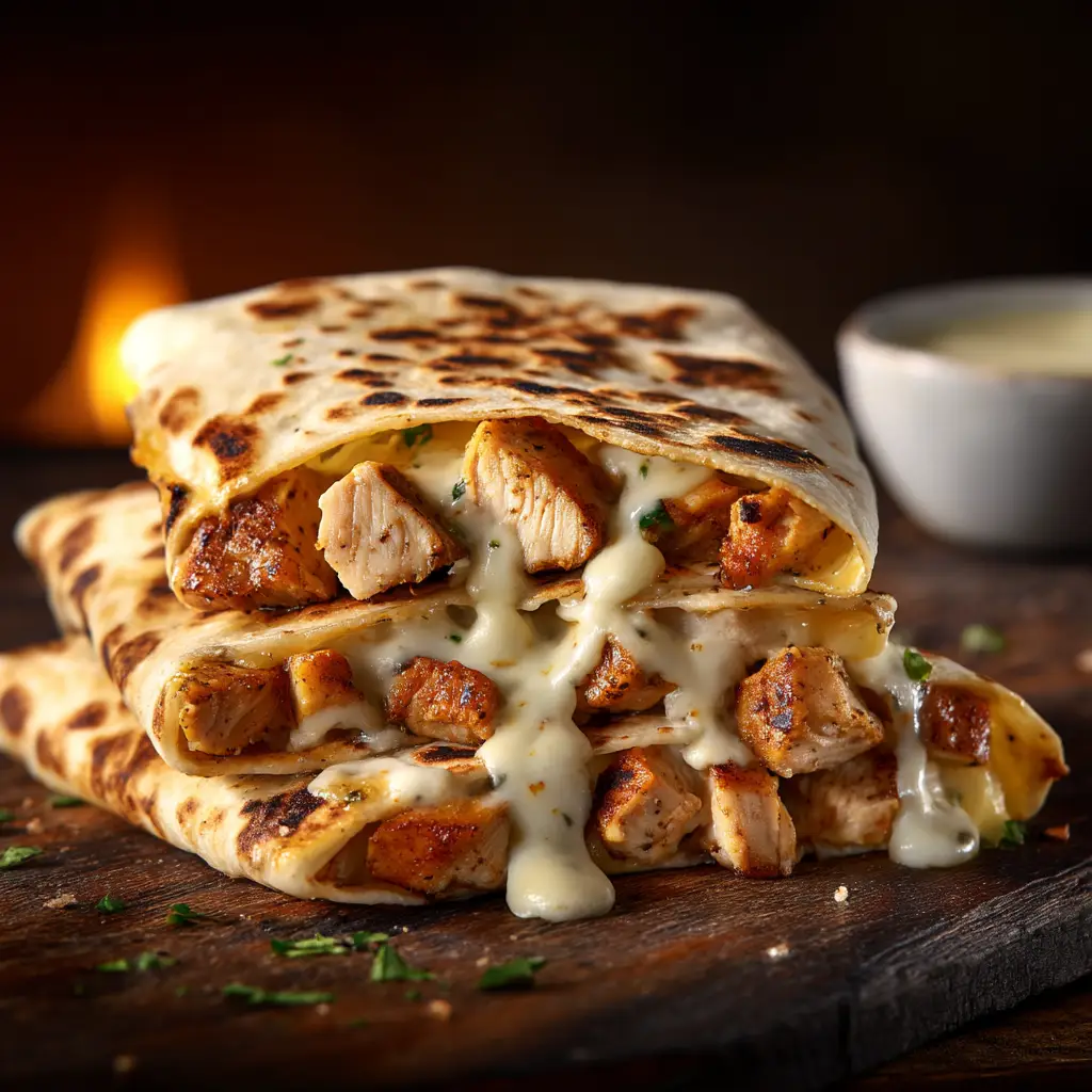 A close-up action shot of garlic butter being poured over cooked chicken pieces in a black skillet.