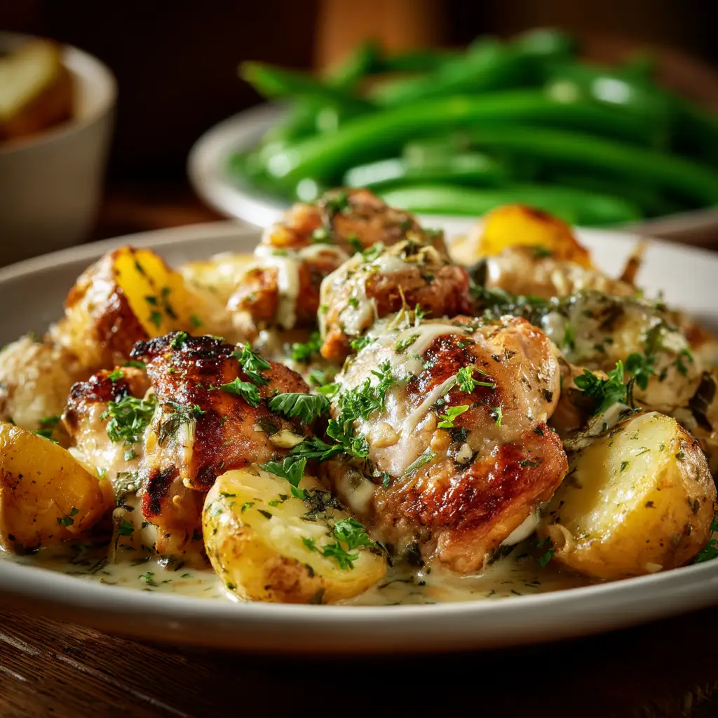 A serving of the garlic parmesan chicken and potatoes on a plate, ready to be eaten.