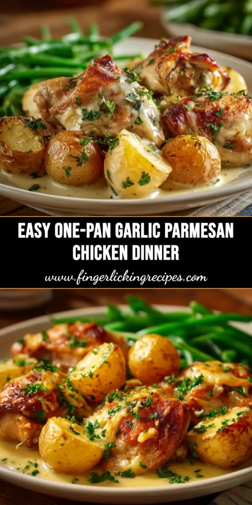 A top-down view of a one-pan Garlic Parmesan Chicken and Potatoes dinner, fresh from the oven, with golden chicken and crispy potatoes.