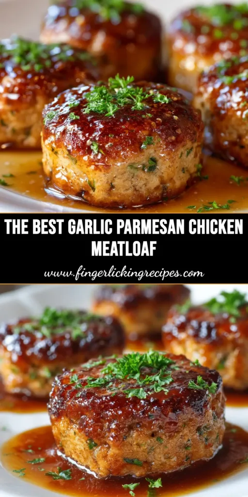 A golden-brown Garlic Parmesan Chicken Meatloaf sliced on a serving platter, showing a juicy interior. The crispy cheese crust is visible on top.