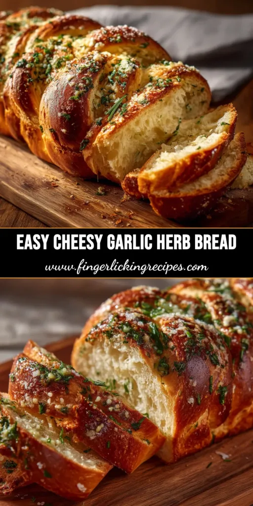 A loaf of freshly baked Garlic Parmesan Herb Bread on a wooden board, with a slice cut to show the soft interior. The crust is golden brown and topped with herbs.