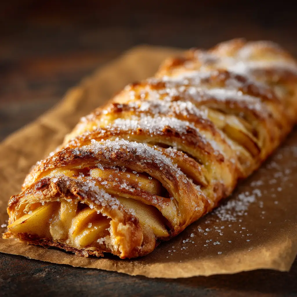 A close-up view of the corner of an apple puff pastry, highlighting the crispy, golden-baked texture and a hint of the apple filling inside.