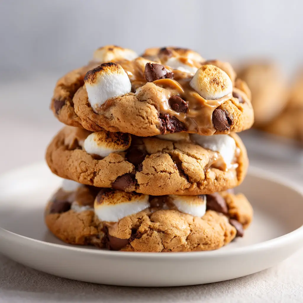 A top-down view of several chocolate peanut butter marshmallow cookies scattered on parchment paper, highlighting the melted chocolate chips.