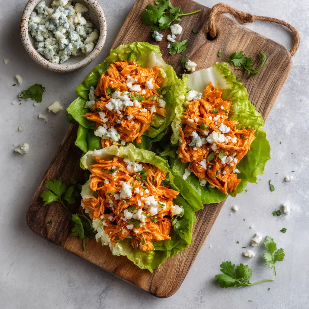 An overhead flat lay of three healthy buffalo chicken lettuce cups on a dark surface, garnished with celery and blue cheese.