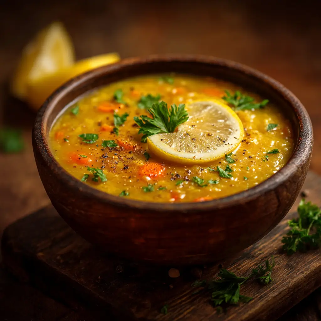 A side view of the anti-inflammatory ginger lentil soup, with steam rising from the bowl, ready to be served.