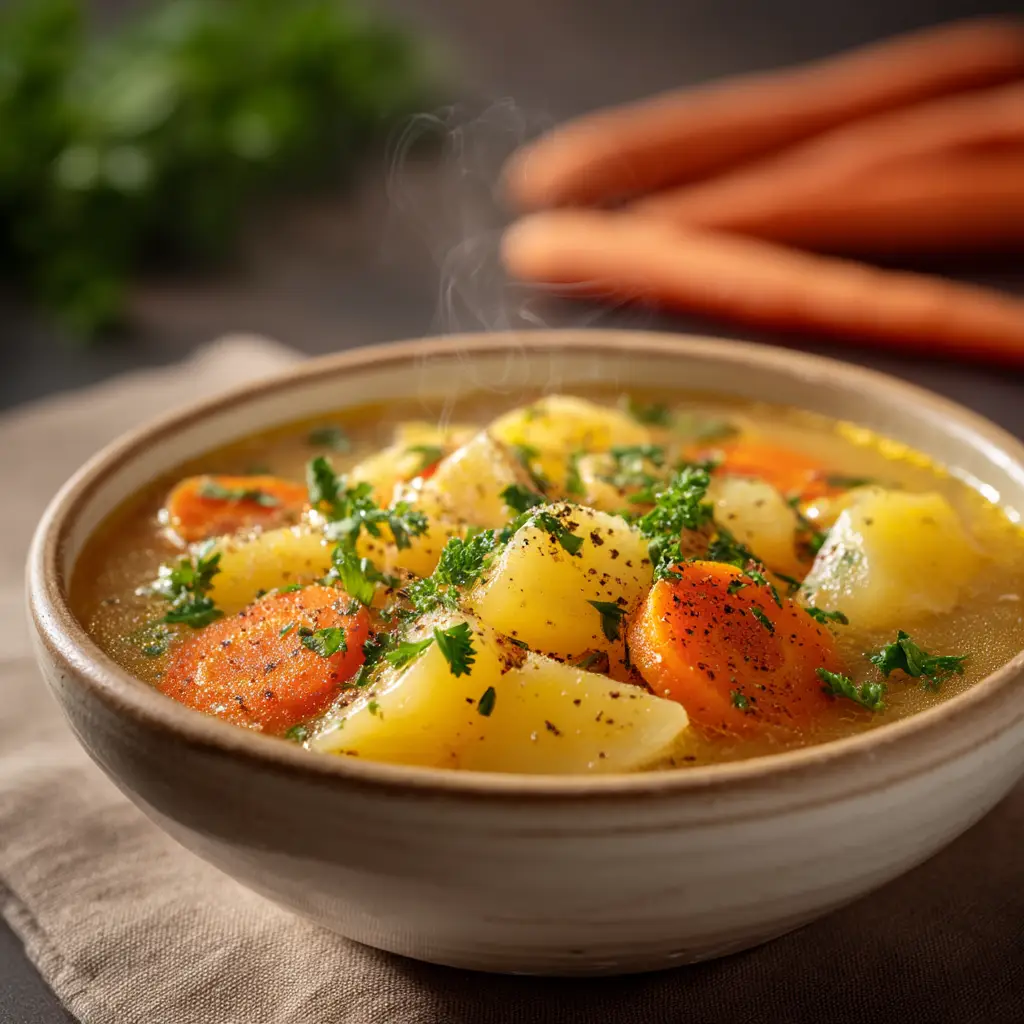 A close-up overhead shot of healthy potato carrot soup in a white bowl, showing its rich, velvety texture. A spoon rests beside the bowl.