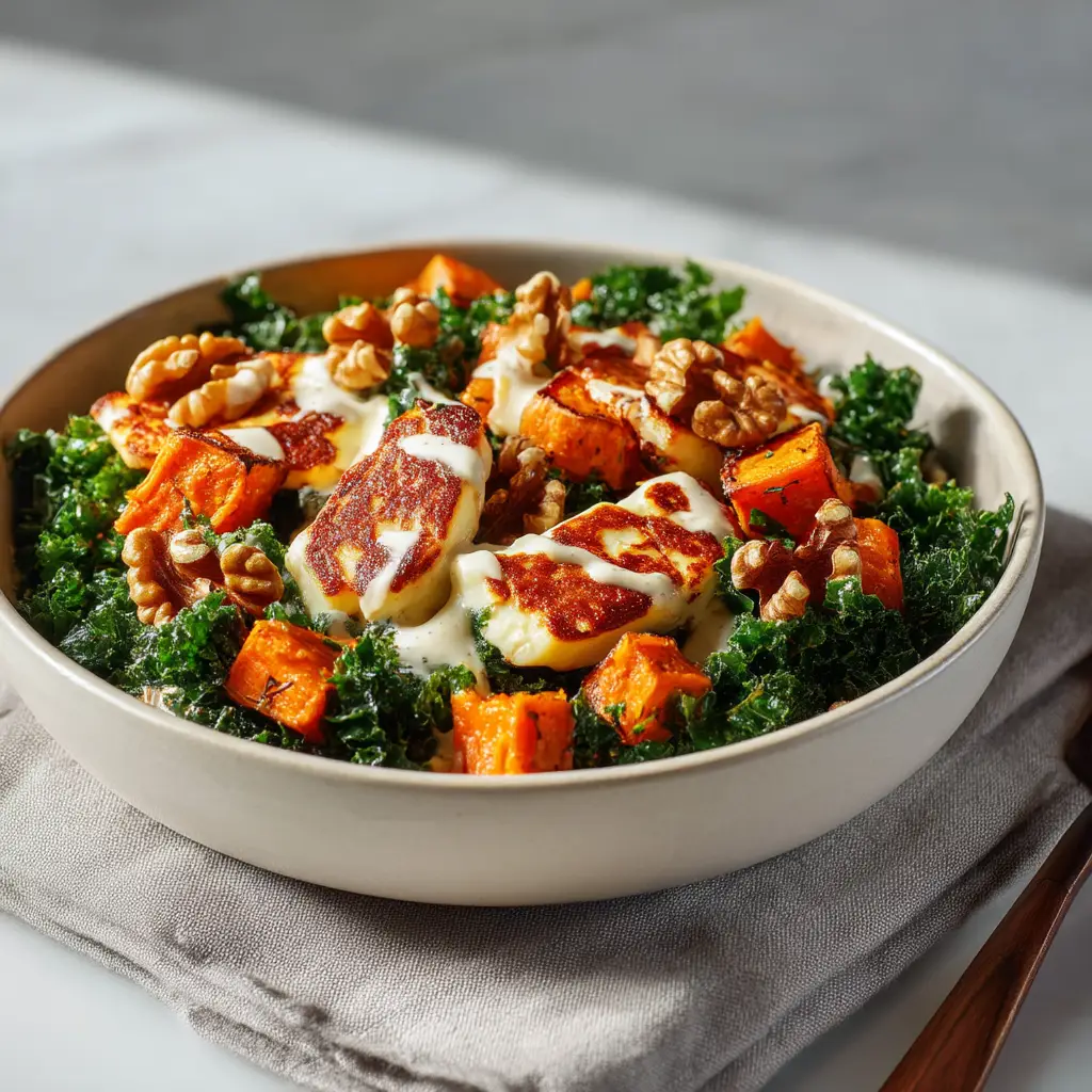 An overhead view of two assembled sweet potato halloumi bowls, highlighting the vibrant colors of the ingredients against a clean background.