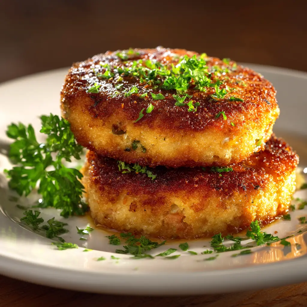 A serving of two healthy tuna cakes on a plate, garnished with fresh herbs to showcase a delicious and easy meal.
