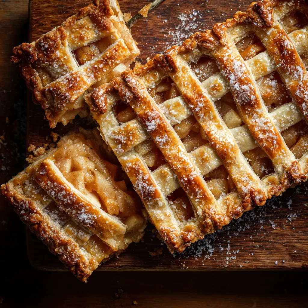 The full apple slab pie in a sheet pan, showing the golden-brown crust before being glazed. The pie is cooling on a wire rack.