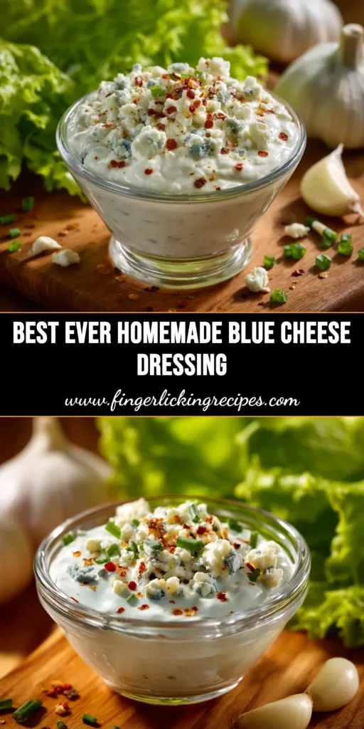 A tall glass jar filled with creamy homemade blue cheese dressing, with chunks of blue cheese visible. A wooden spoon is in the jar, and fresh celery sticks and wings are in the background.