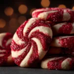 A close-up of buttery candy cane cookies on a cooling rack, showing the perfect twisted texture and shape.